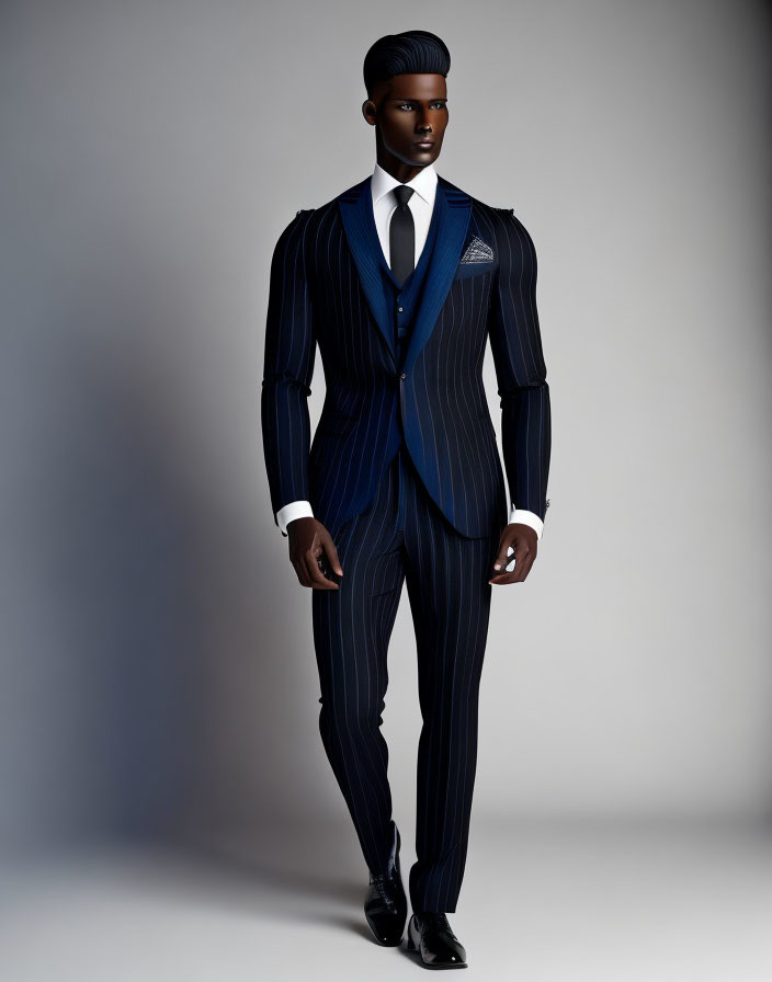 Stylish man in navy pinstripe suit with peak lapel and accessories