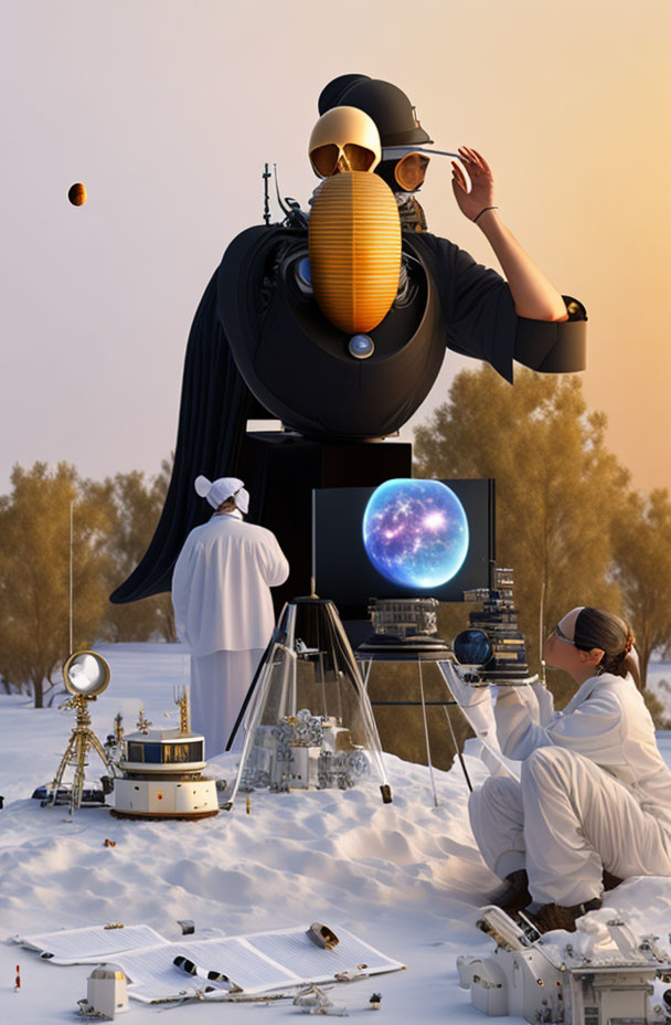 Surreal illustration: Giant figure in black robe and mask, scientists with futuristic equipment in snowy setting