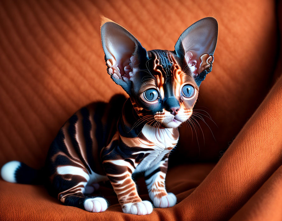 Striped kitten with oversized ears and blue eyes on orange couch