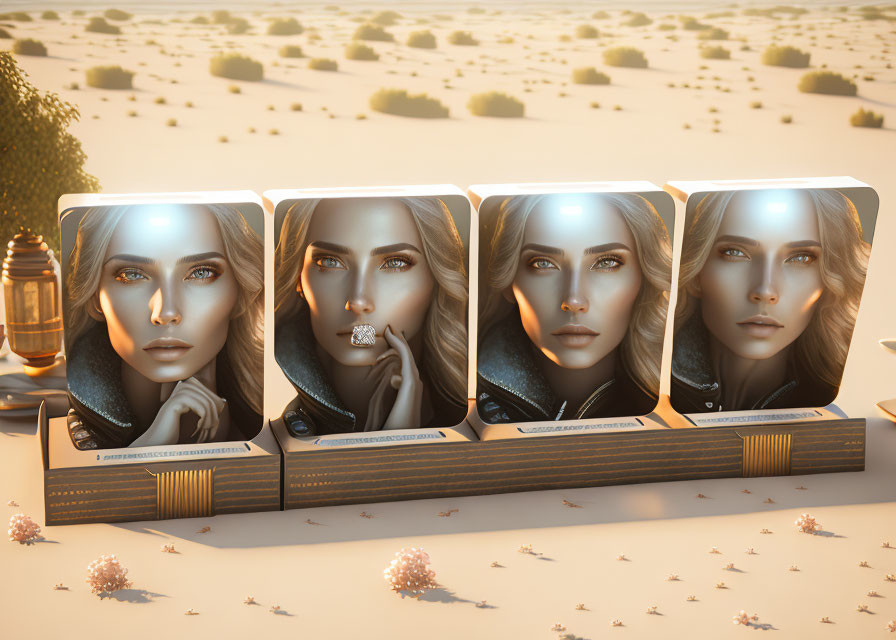 Four holographic desert sunset woman face displays with lamp & pink plants