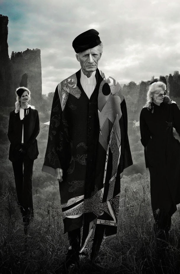 Elderly man in decorated coat with two blurred women in desolate landscape