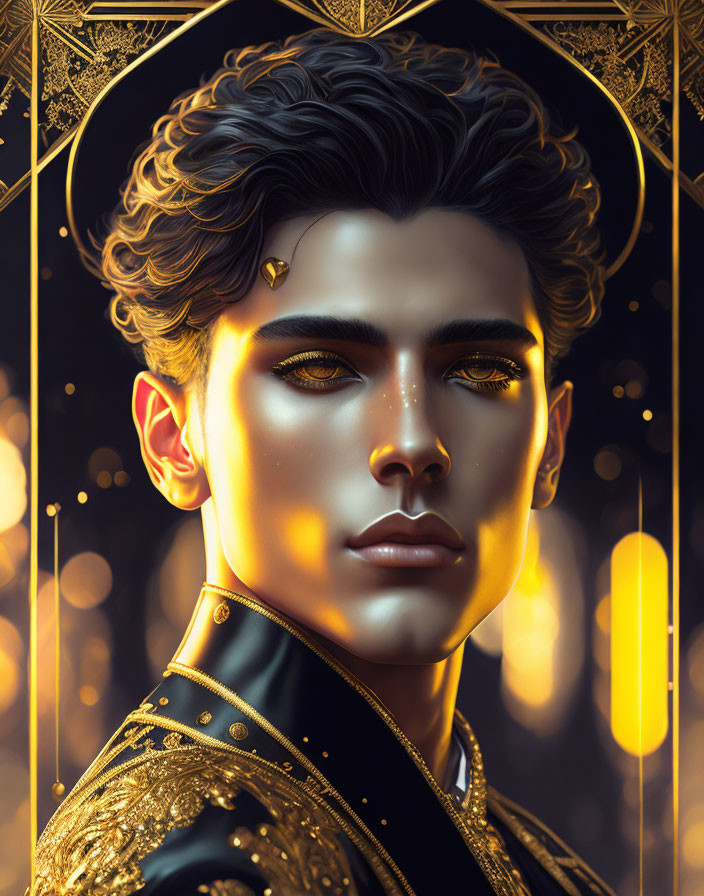 Dark-haired man with golden eyes in digital art against ornate golden background