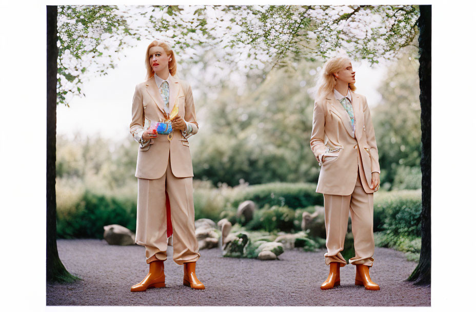 Two people in beige suits with orange boots in garden setting with bird figurine.