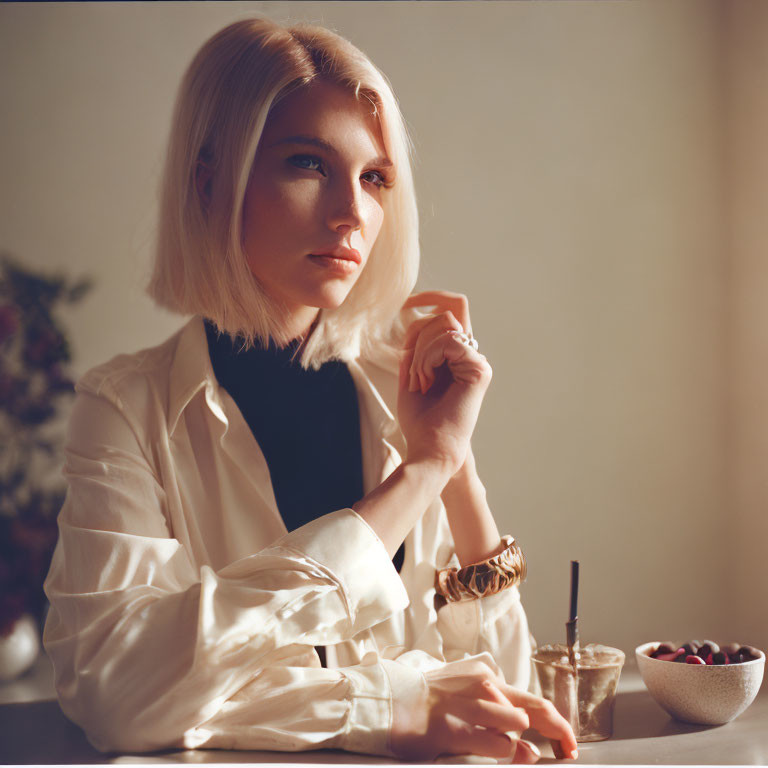 Blonde woman in white blazer at table with drink and bowl