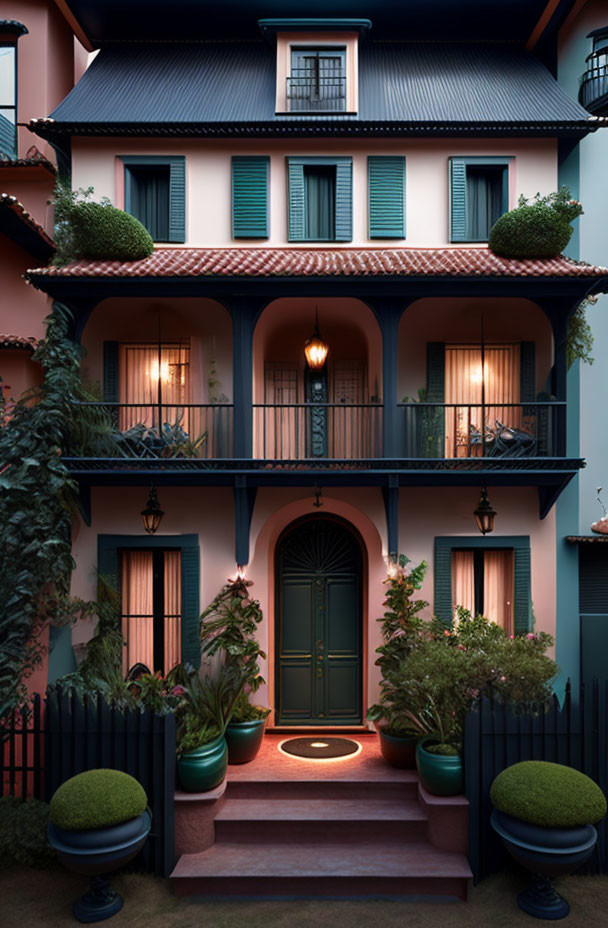 Three-story building with green door and terracotta accents at twilight