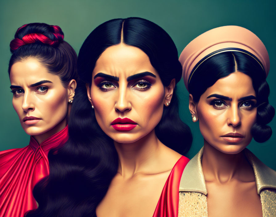 Three women with dramatic makeup and vintage hairstyles in colorful outfits on green background