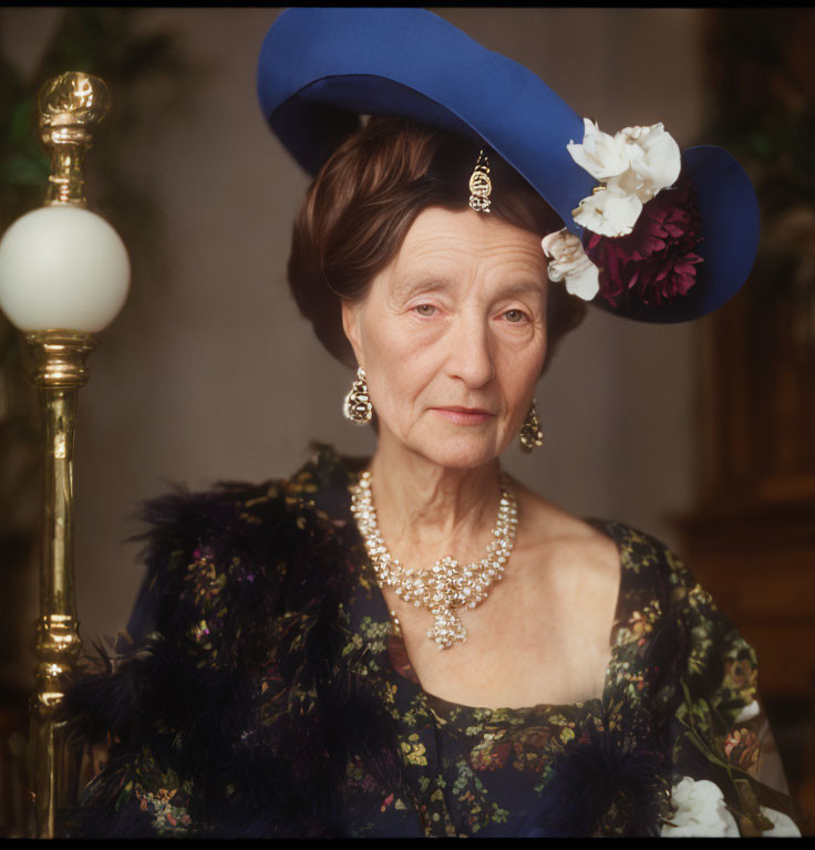 Elderly woman in floral dress with blue hat and pearls