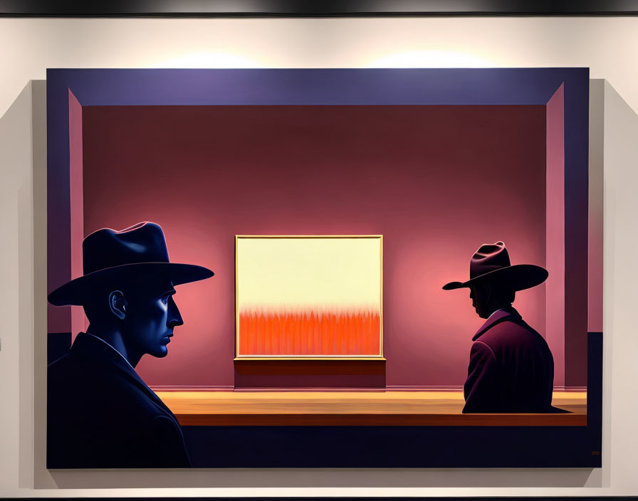 Silhouetted figures with hats in gallery view abstract orange and white painting