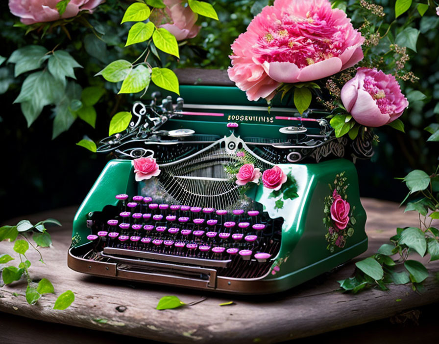 Vintage Green Typewriter with Pink Roses on Greenery Background