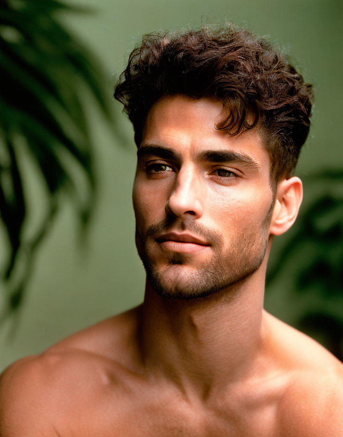 Intense man portrait with tousled hair and stubble on green backdrop