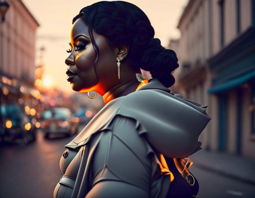 Stylish woman in elegant outfit with city street at golden sunset.