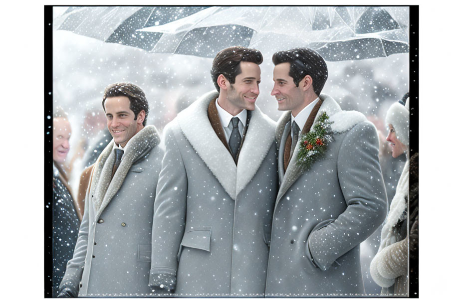 Men in elegant suits under snowy weather with guests celebrating