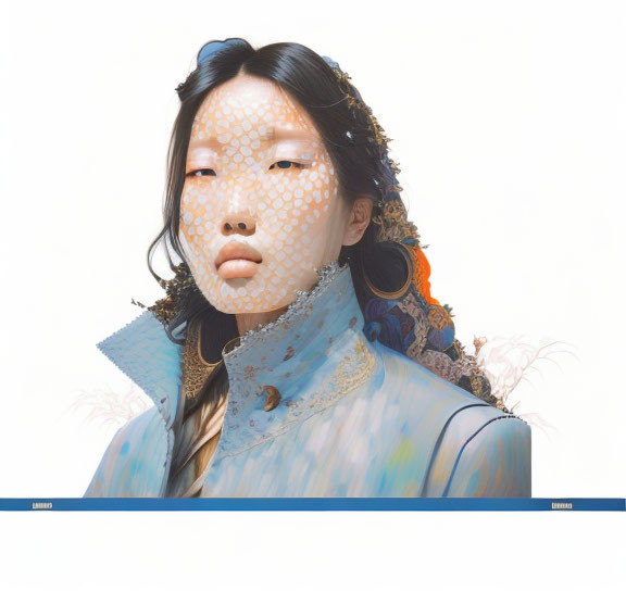 Person with Patterned Light on Face Wearing Blue Garment & Round Earrings