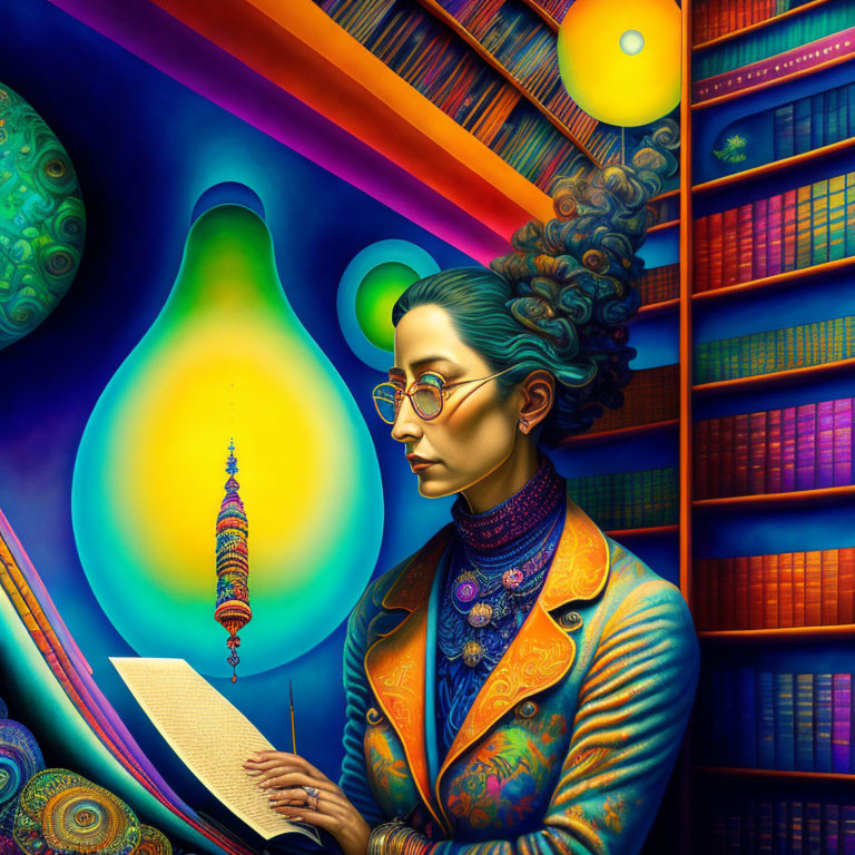 Vibrant woman reading by colorful bookshelf with surreal elements