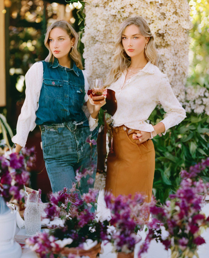 Two women in stylish outfits with wine glasses in vibrant garden setting