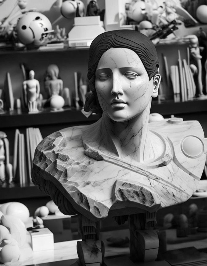 Monochrome marble sculpture of woman's head and torso with abstract design among diverse figures.