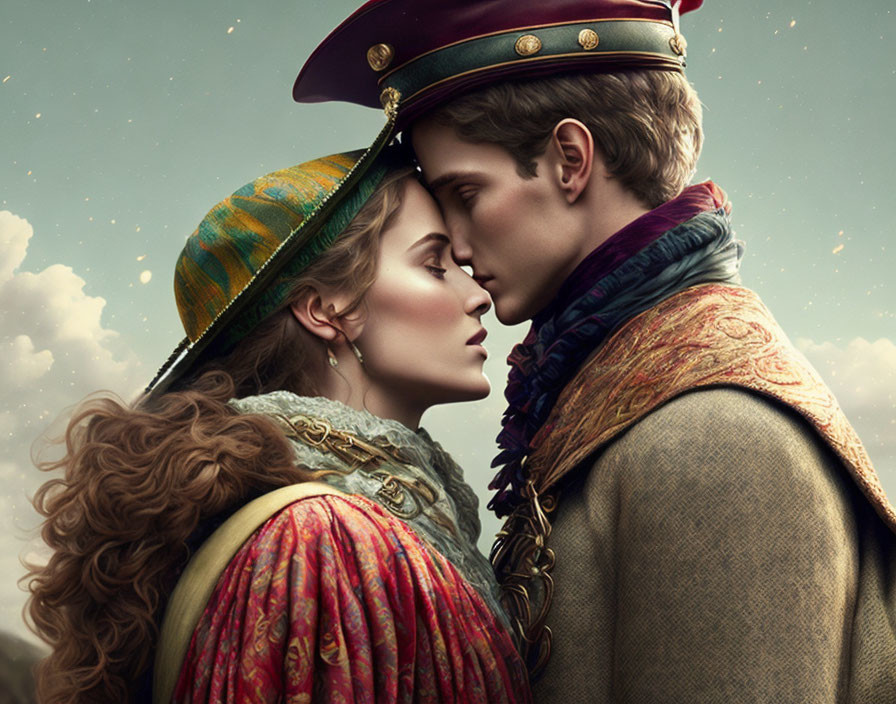 Historical costumes couple in almost-kiss pose amid dreamy backdrop