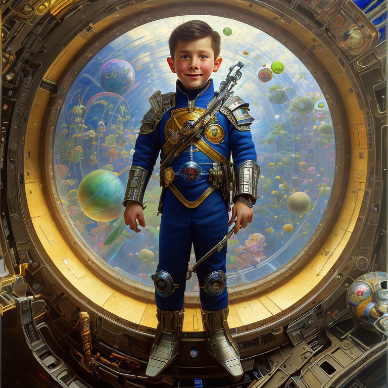 Young boy in futuristic blue space uniform gazes at colorful galaxy from spaceship window