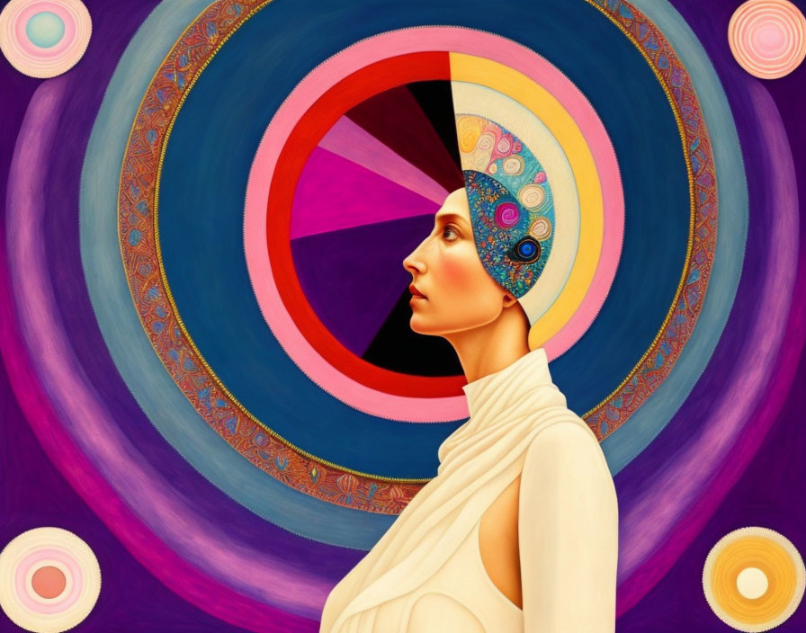 Colorful profile portrait of a woman with head wrap on psychedelic background