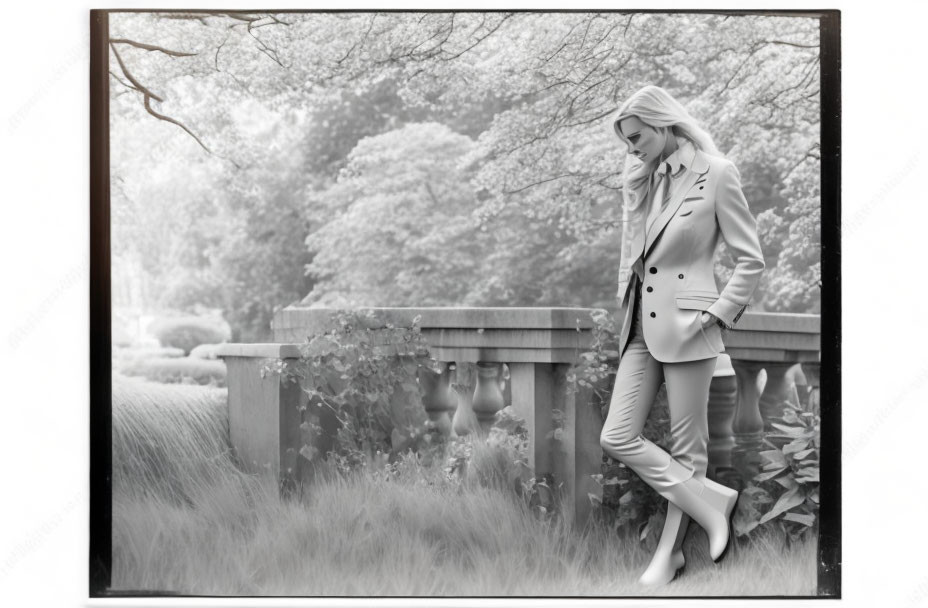 Monochrome image of woman in double-breasted suit in garden setting