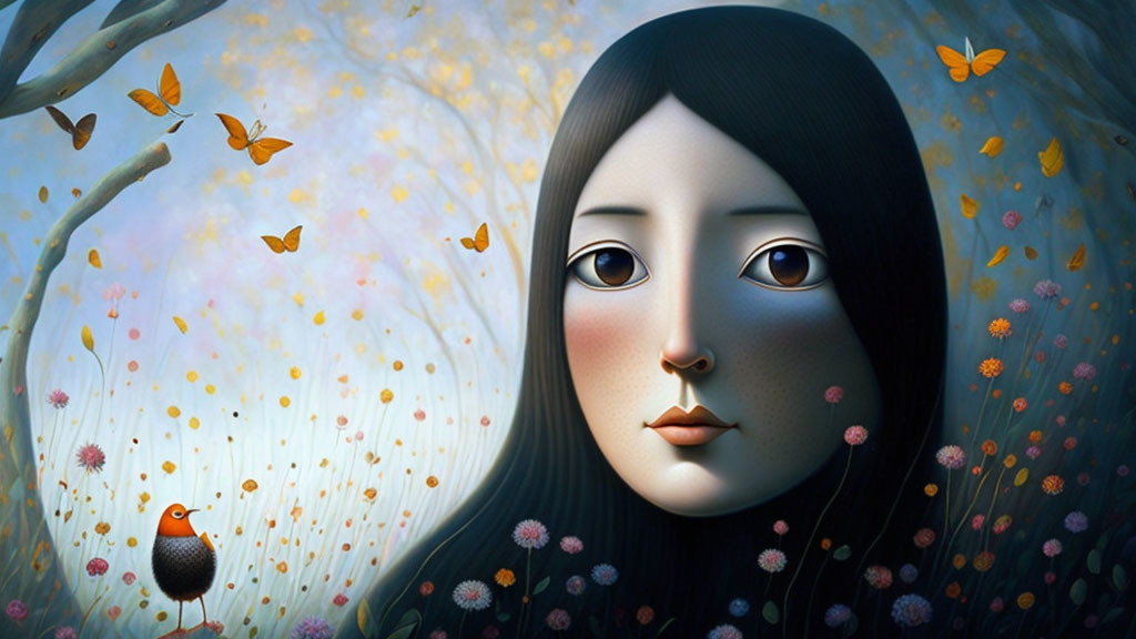 Surreal painting: Woman with expressive eyes, butterflies, flowers, and bird in mystical landscape