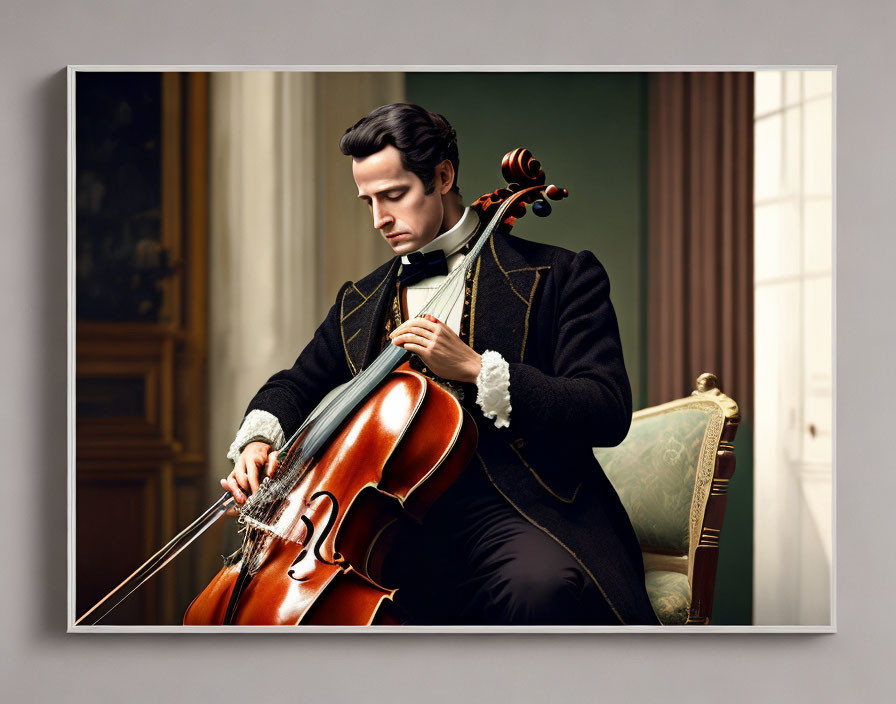 Historical outfit cellist in elegant classical room