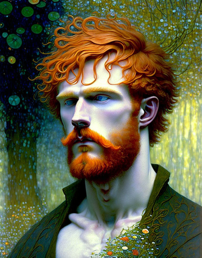 Intense-eyed man with red hair and beard on starry blue background