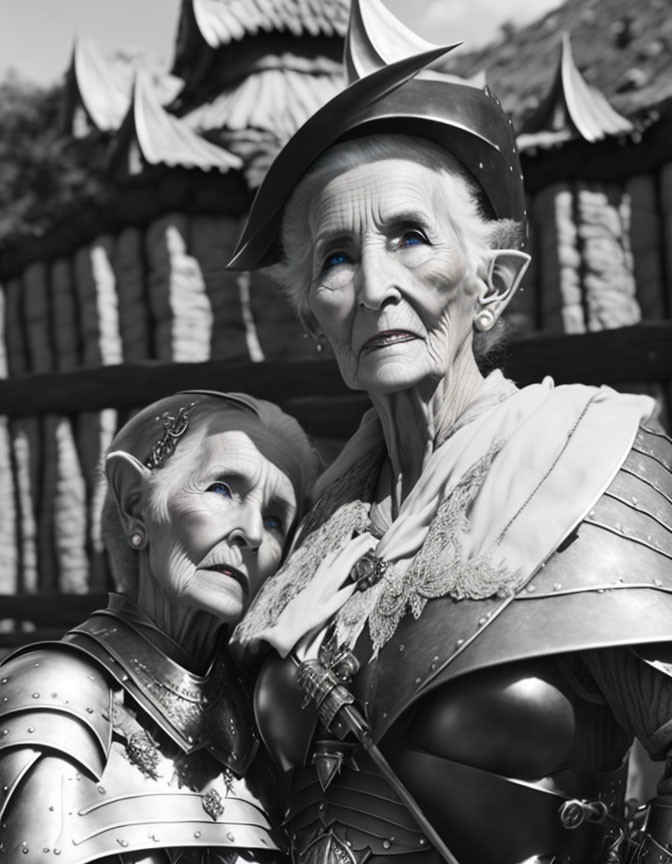 Elderly women in medieval knight armor pose confidently