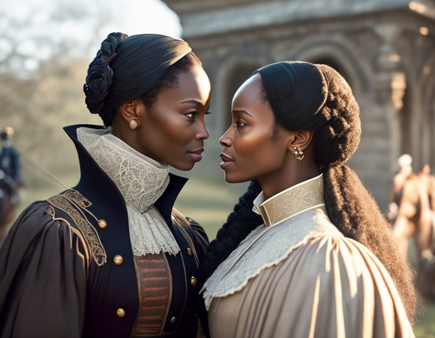 Historical costume-clad women in intimate interaction with riders on horseback in softly lit outdoor setting.