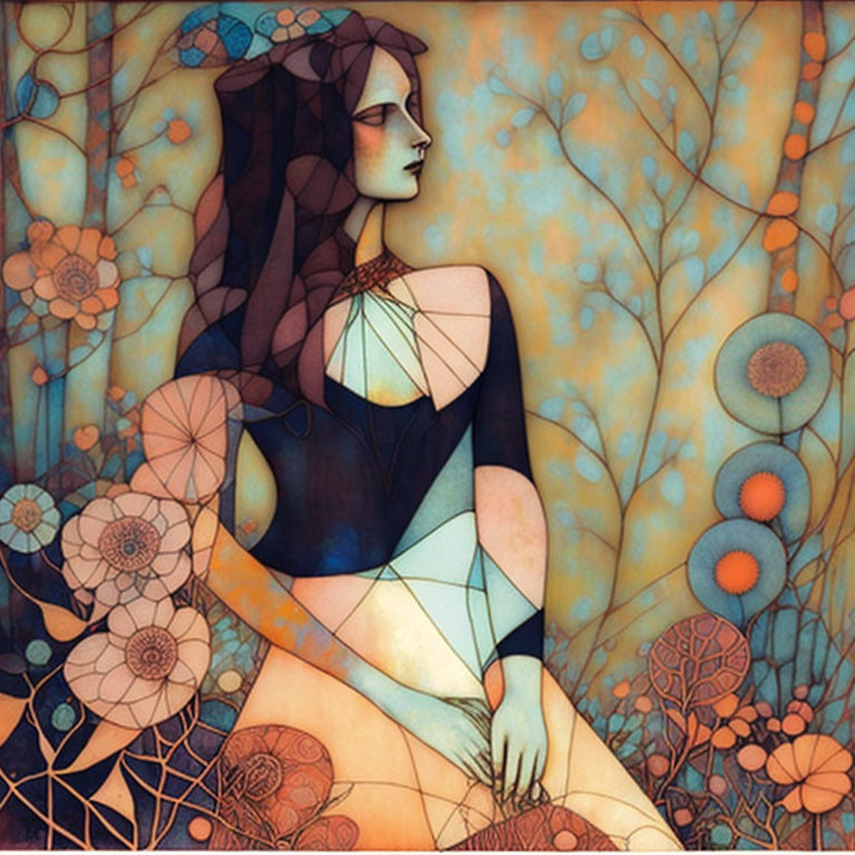 Illustration of stylized female figure in autumn setting with floral patterns