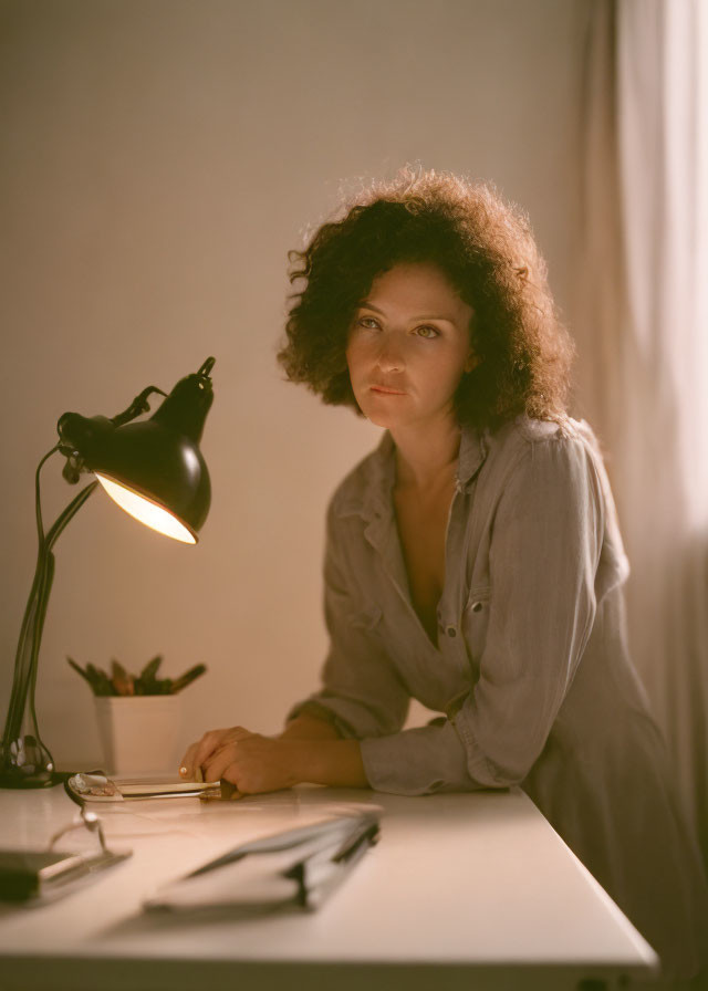 Curly-haired person at desk with desk lamp, papers, and writing utensils