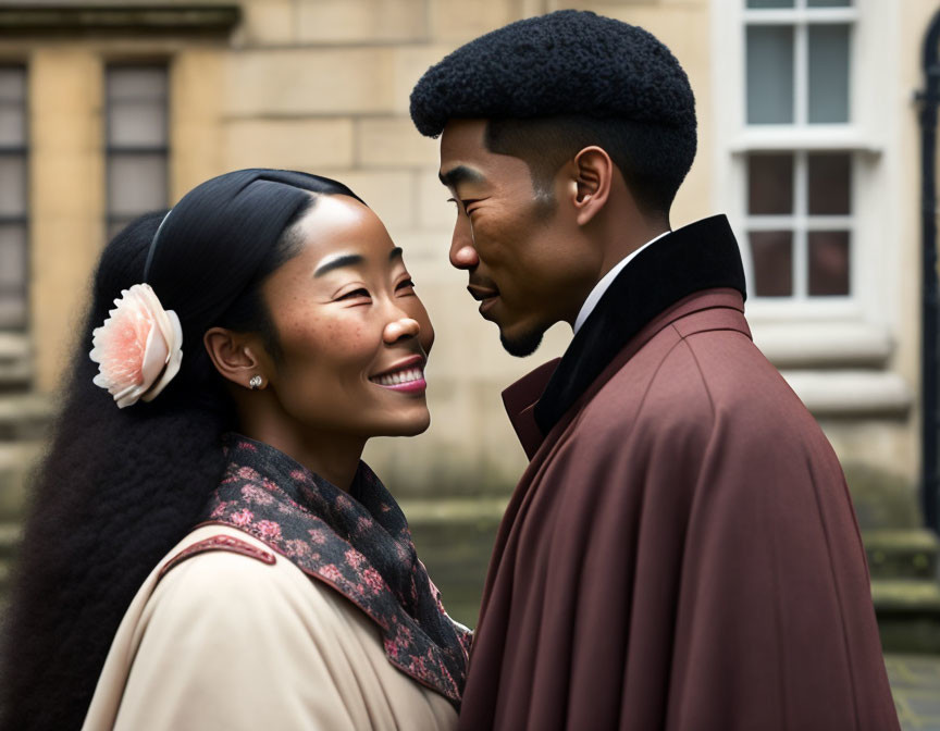 Smiling woman with flower in hair gazes at man in profile in stylish vintage outerwear