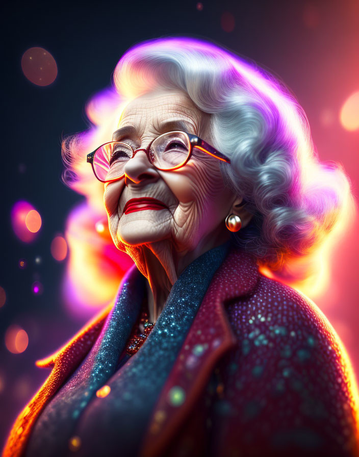 Elderly woman with white hair and glasses smiling in colorful bokeh light.