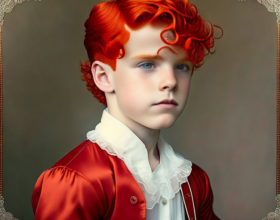 Young boy portrait with red hair, blue eyes, red jacket, white shirt on sepia backdrop