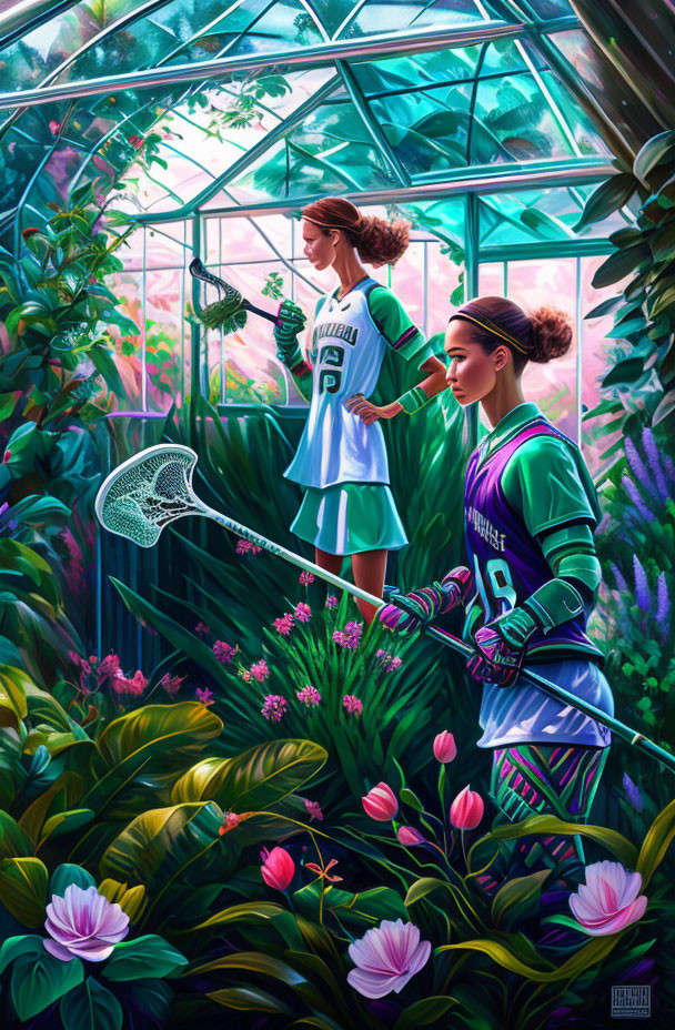 Women in lacrosse uniforms among lush greenhouse plants and glass ceiling