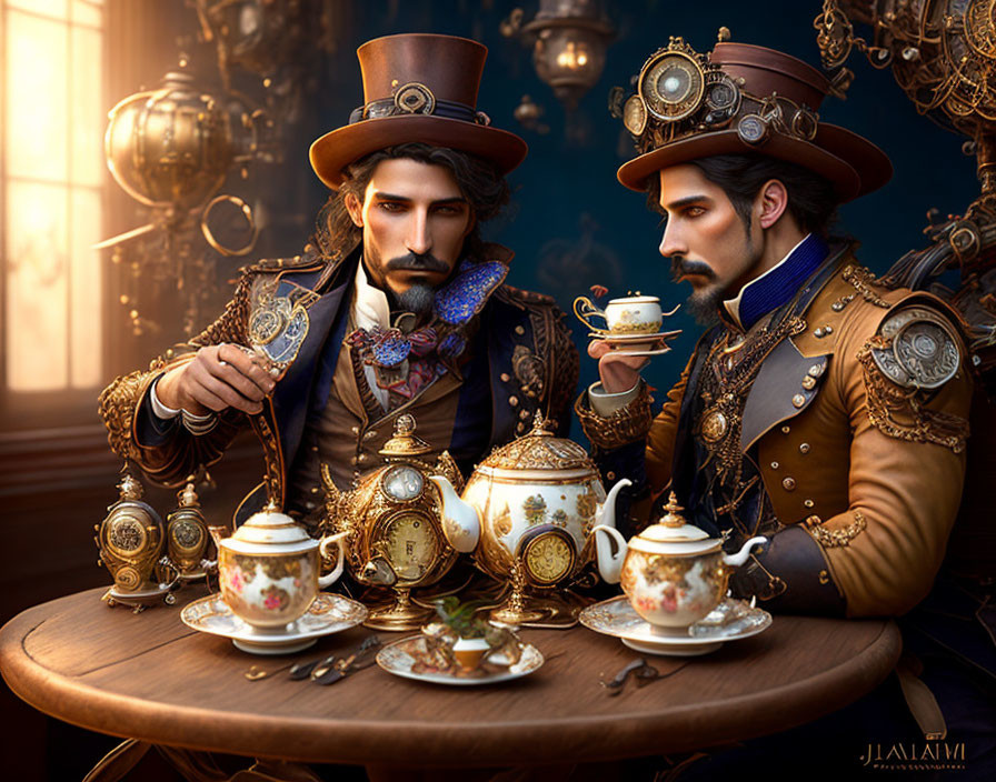 Men in ornate steampunk attire enjoying tea amidst brass gears and timepieces