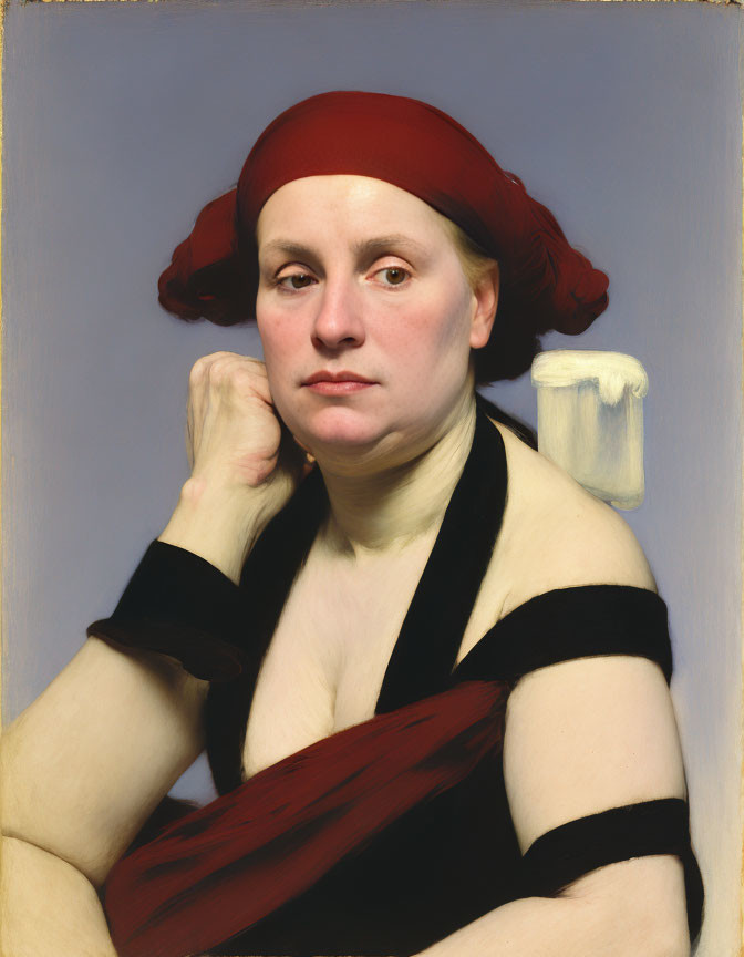 Portrait of woman with red headband and black top, chin on hands