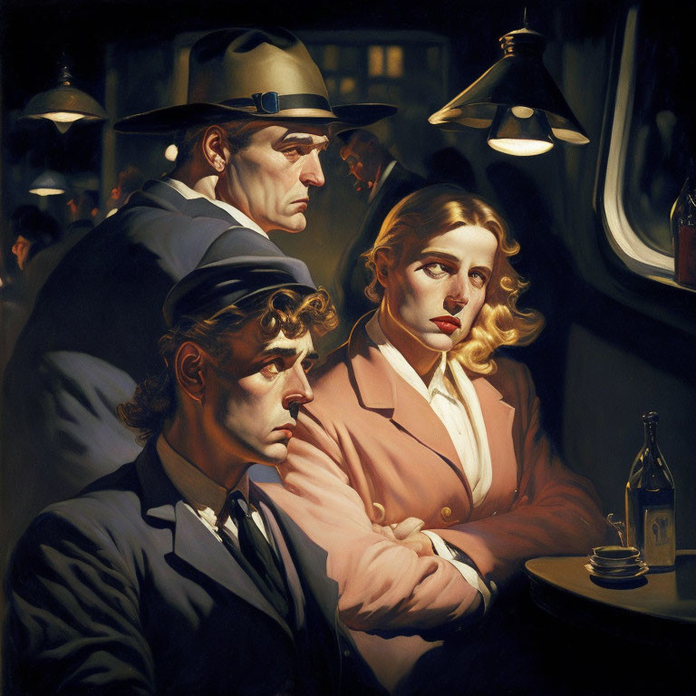 Vintage-style portrait of three individuals in dimly lit setting with hanging lamps.