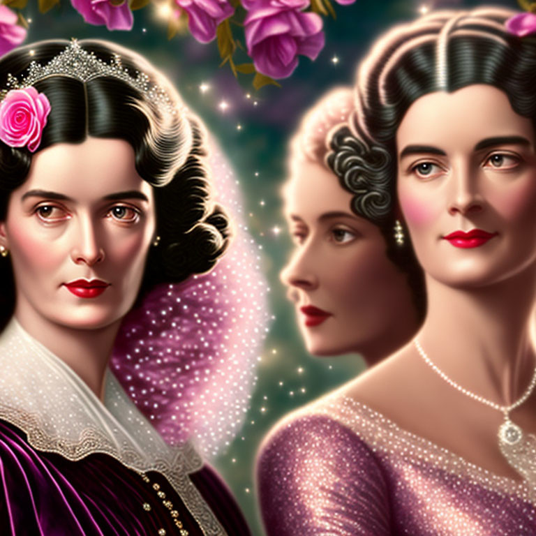 Vintage-style illustration of two women with elegant hairstyles and jewelry in a floral and sparkly setting.