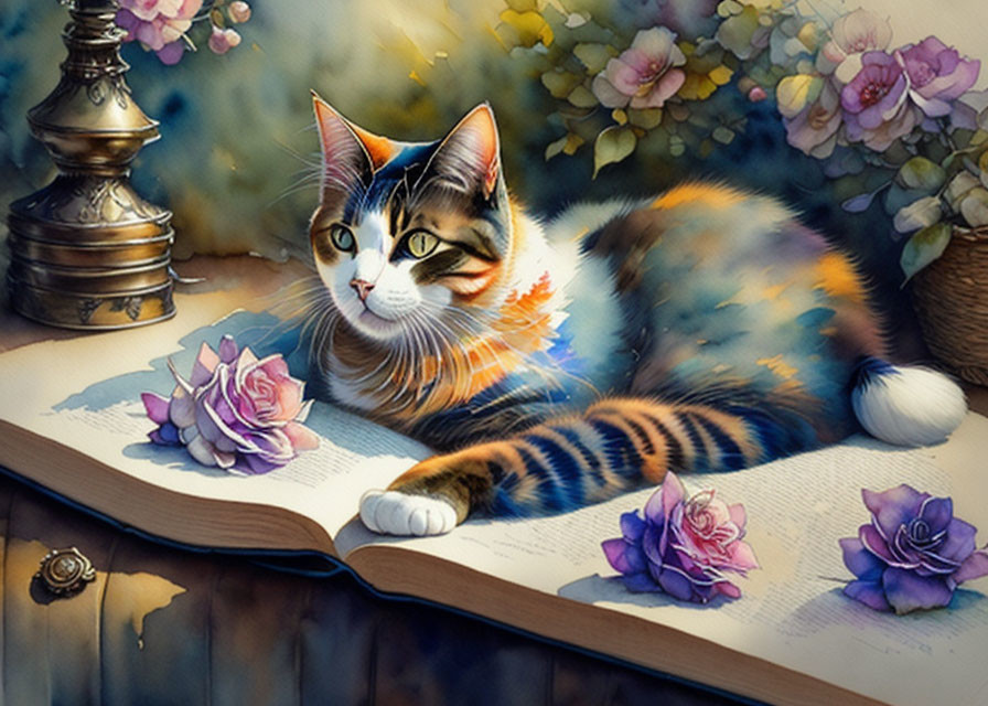 Colorful Cat with Unique Markings Rests on Open Book with Purple Flowers and Vintage Lamp