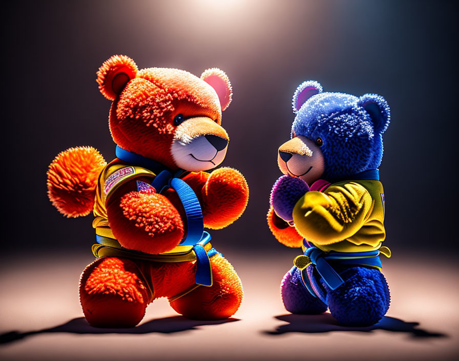 Teddy bears in martial arts gis face off in dramatic sparring pose