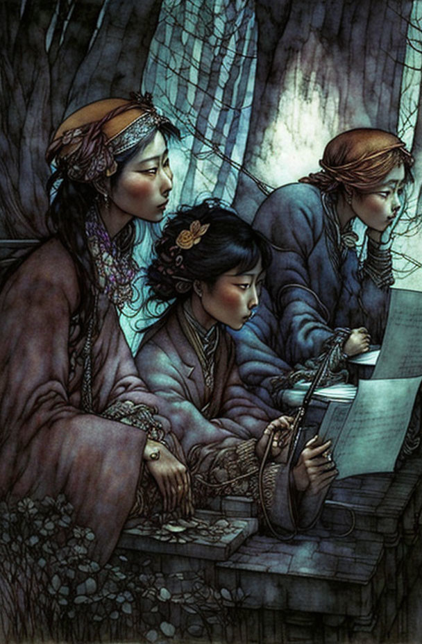 Historical individuals examining a document in mystical forest setting