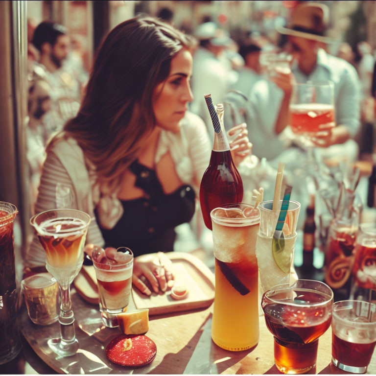 Woman Deep in Thought at Bar Amidst Various Drinks