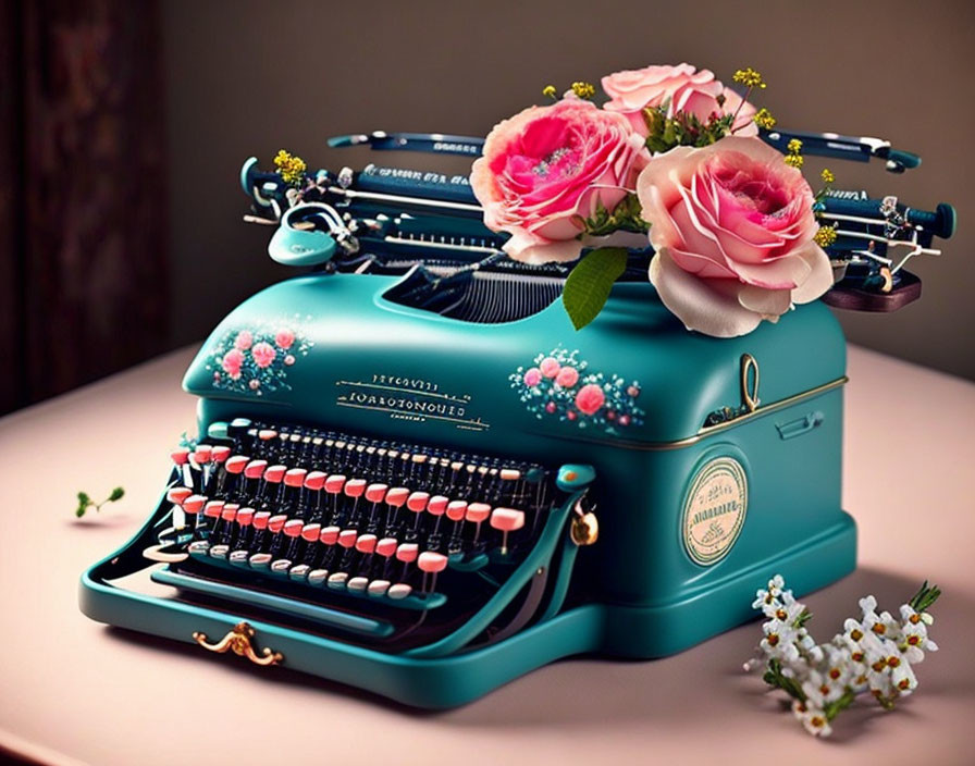 Vintage Teal Typewriter with Pink Roses and Floral Patterns