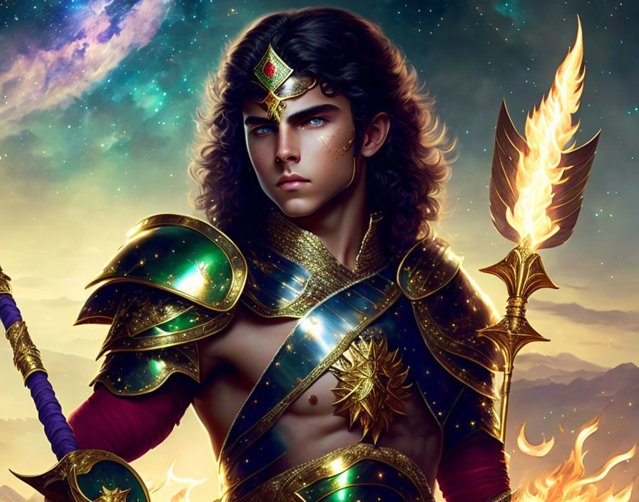 Fantasy warrior with burning arrows in golden armor against cosmic sky