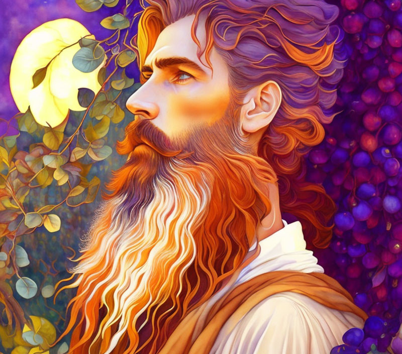 Profile View of Man with Long Ginger Beard Surrounded by Purple Grapes and Moonlit Foliage