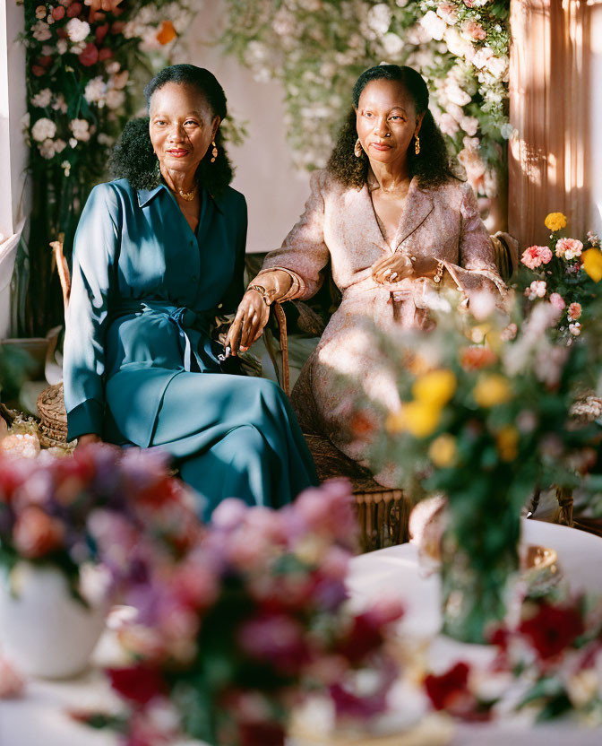 Elegantly dressed women surrounded by vibrant flowers in softly lit room