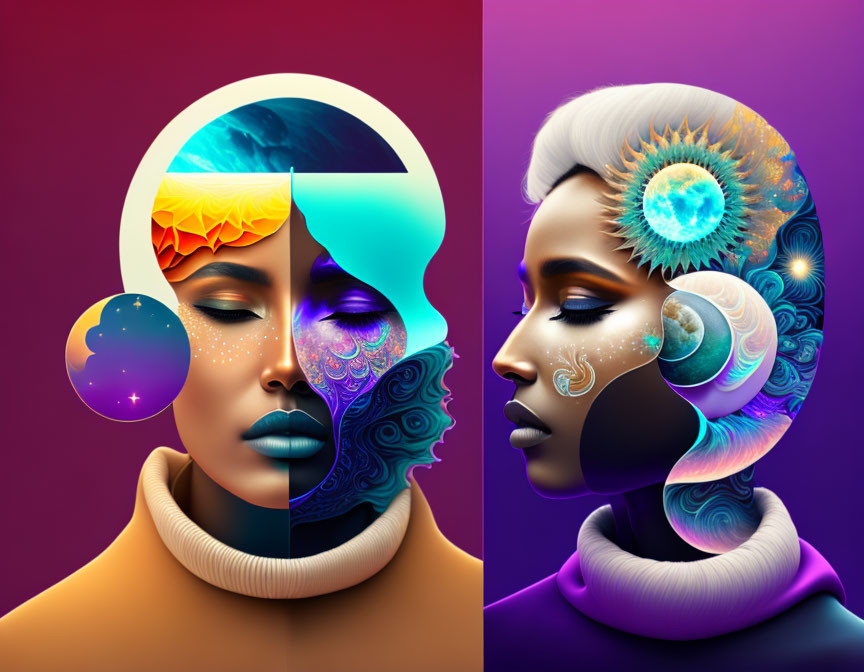 Split Face Digital Artwork: Cosmic and Floral Elements in Vibrant Colors