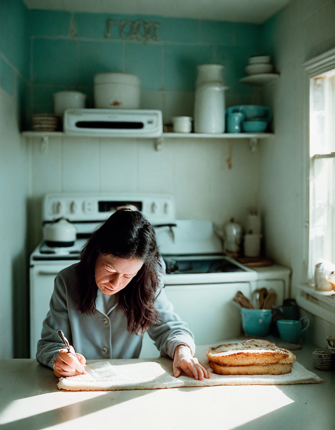 Woman writing at kitchen table with cake, sunlight, white appliances, blue tiles