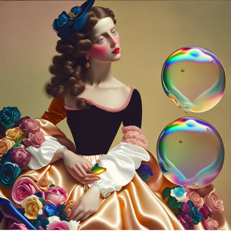 Surreal digital artwork: Woman in historical dress with flowers and iridescent bubbles